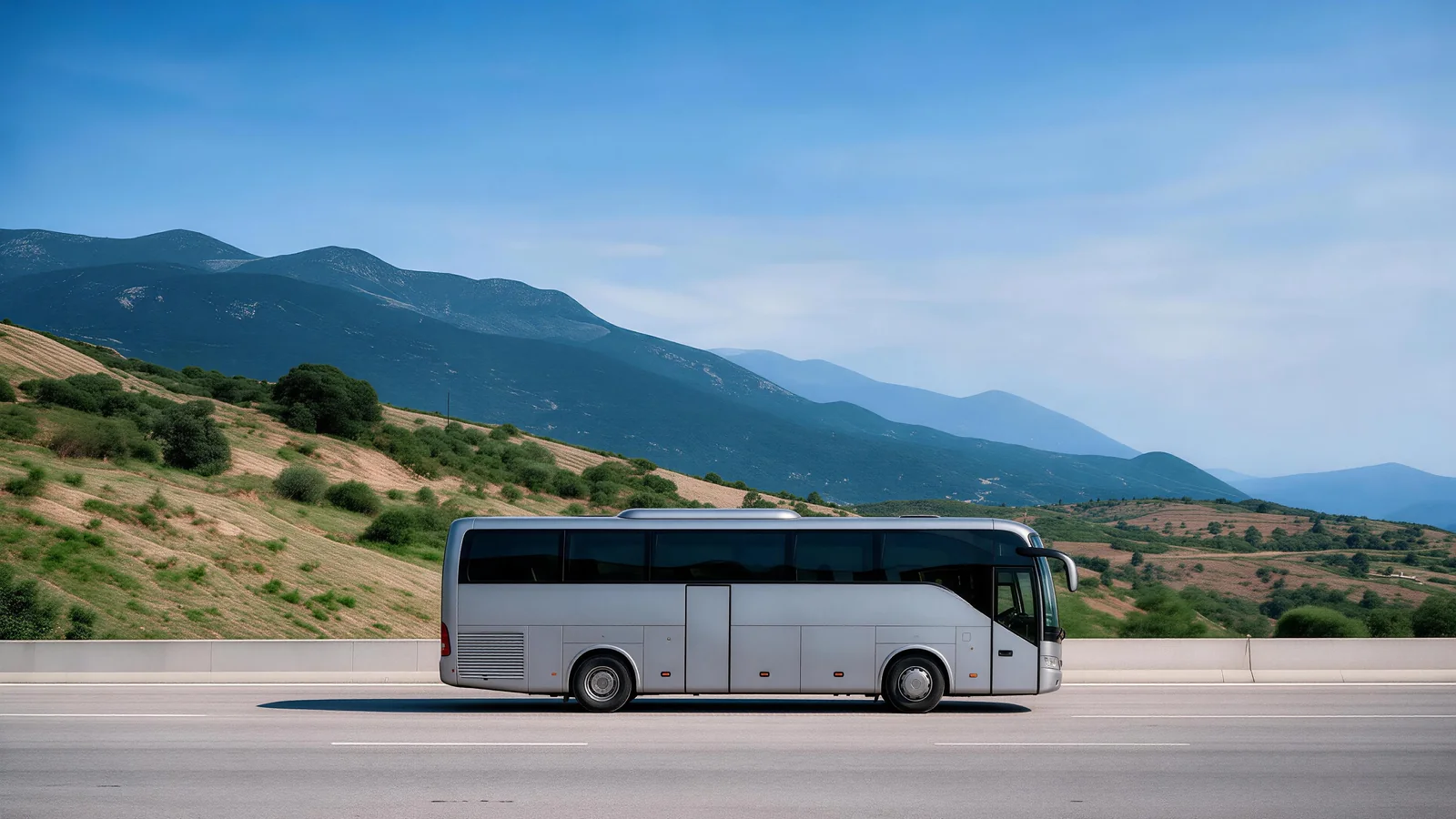 Silver coach bus